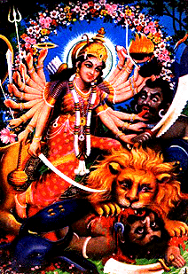 I pray to Goddess Durga, who has a shinning like a moon; who rides the lion,who holds many types of weapons; who has a fire like flare, who bears the moon, I pray to such Goddess Durga.